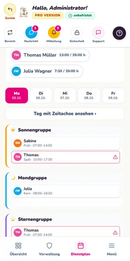 Grafik dyżurów z paskiem tygodnia i zmianami w każdej grupie